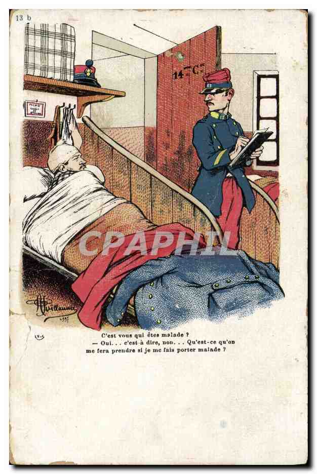 Soldat en uniforme bleu et rouge — scène humoristique dans une chambre d'hôpital — éditeur H. Huilliaume, n° 13 b