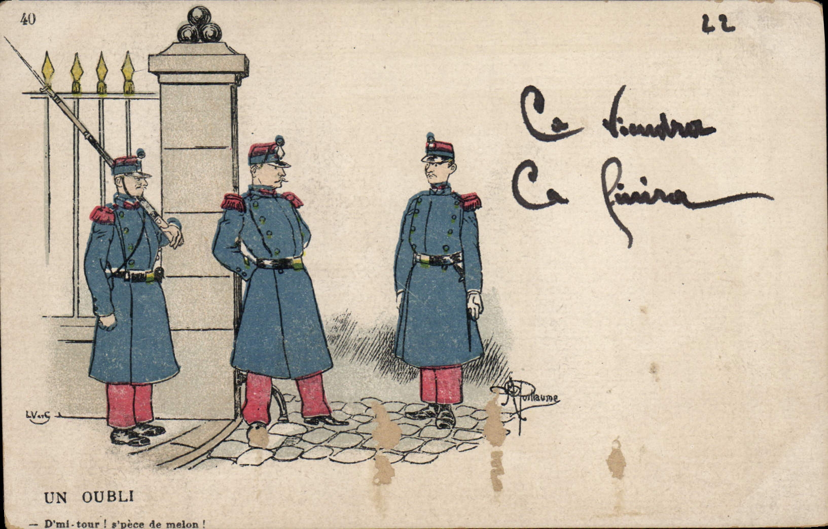 Trois soldats à la porte — caricature de L. Vaugé — éditeur anonyme, n°40