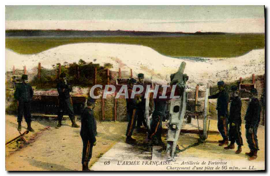 Artillerie de Forteresse — Chargement d'une pièce de 95 m/m — LL. — L'Armée Française