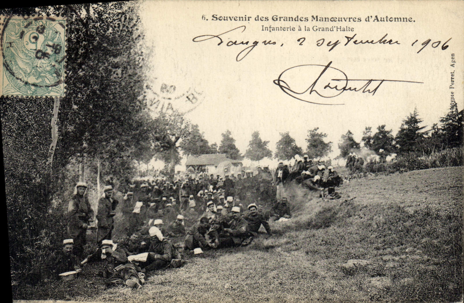 Infantería en la Grand’Halte — Recuerdo de las Grandes Maniobras de Otoño — Editor: Agen, A. Perret