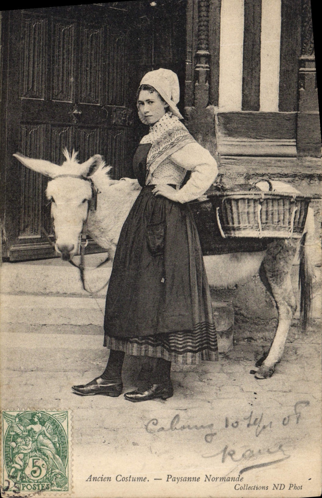 CPA Folklore Ancien costume Paysanne Normande Ane Mule 