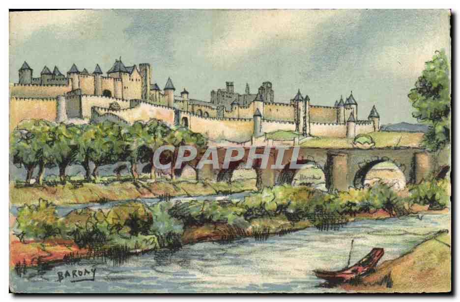 CPA Fantaisie Illustrateur Barday Carcassonne La cite vue de l'Aude