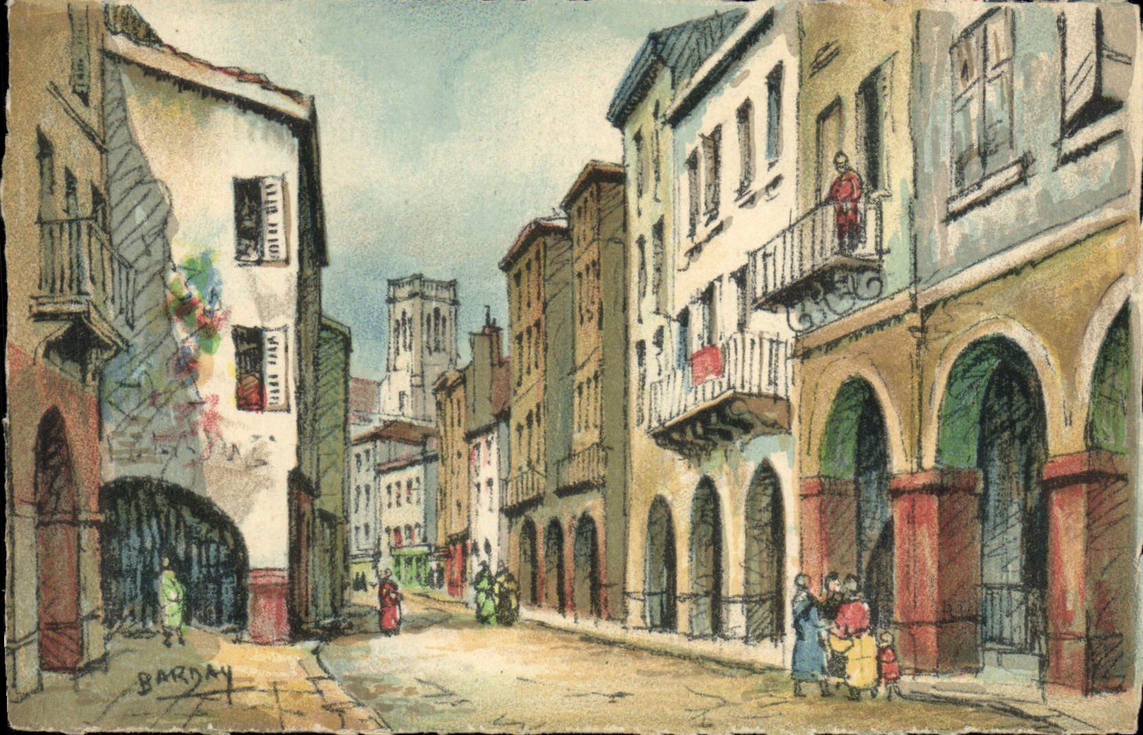 CPA Fantaisie Illustrateur Barday Agen Rue Cornieres les arcades