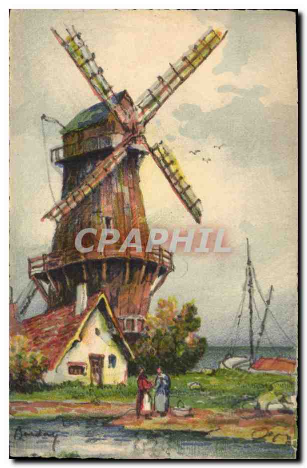 CPA Fantaisie Illustrateur Barday Moulin a vent Bateau