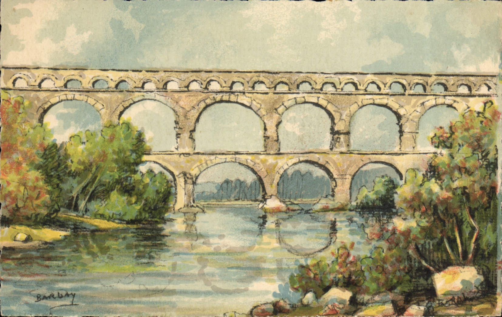 CPA Fantaisie Illustrateur Barday Nimes Le pont du Gard
