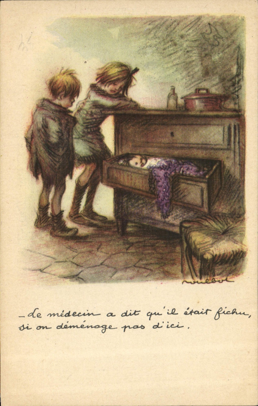 Deux enfants regardant un enfant dans un coffre — illustration de R. Nicol — Ligue Nationale Contre le Taudis