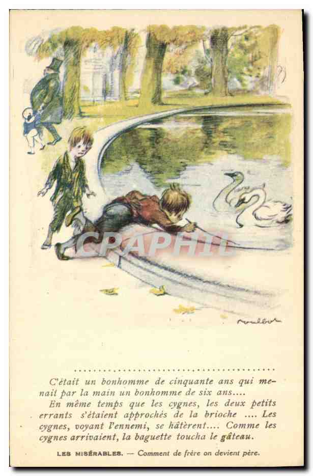 CPA Fantaisie Illustrateur Poulbot Victor Hugo Les miserables Cygne Swan 