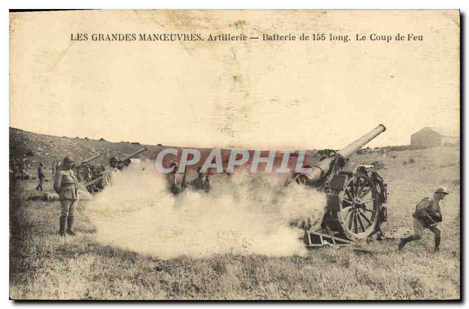 Les Grandes Manœuvres. Artillerie — Batterie de 155 long. Le Coup de Feu