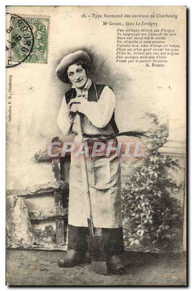 CPA Folklore Normandie Environs de Cherbourg Mr Gohel dans le Jardigny