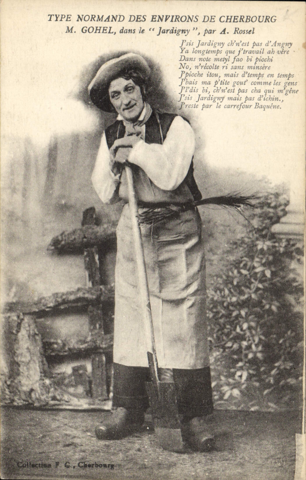 CPA Folklore Normandie Environs de Cherbourg Mr Gohel dans le Jardigny