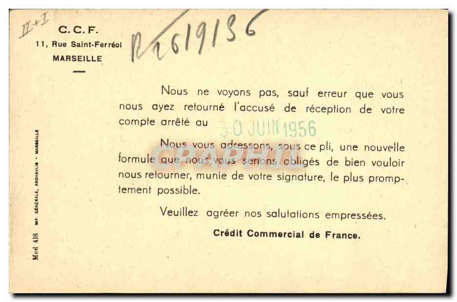 CPA Banque Credit Commercial de France Avenue des Champs Elysees Paris — Rückseite