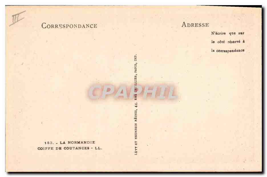 CPA Folklore Normandie Coiffe de Coutances — Verso