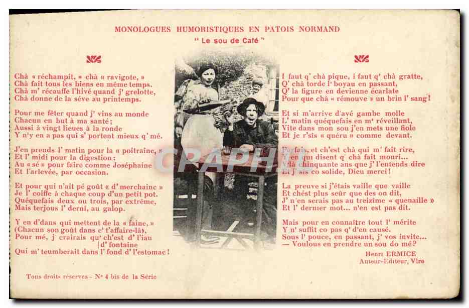 CPA Folklore Monologues humouristiques en patois Normand Le sou de cafe 