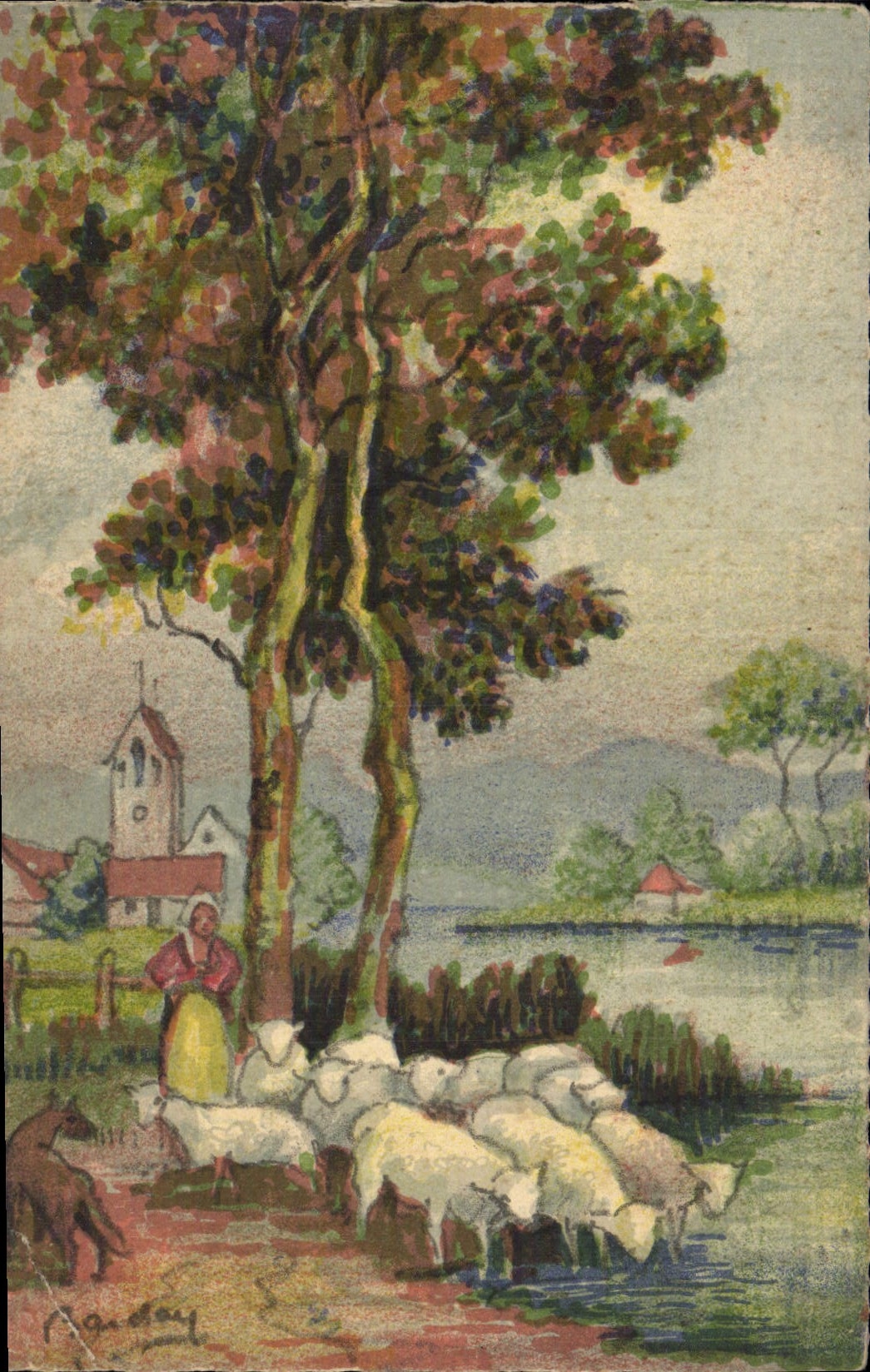 CPA Fantaisie Illustrateur Berger moutons