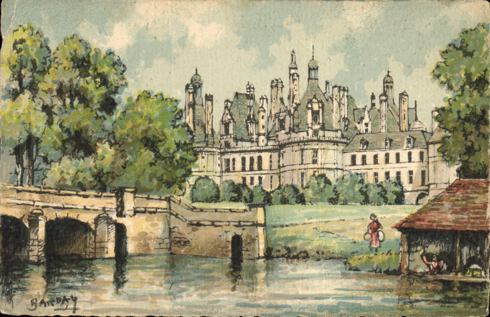 CPA Fantaisie Illustrateur Chambord Le chateau et les bords du Cosson