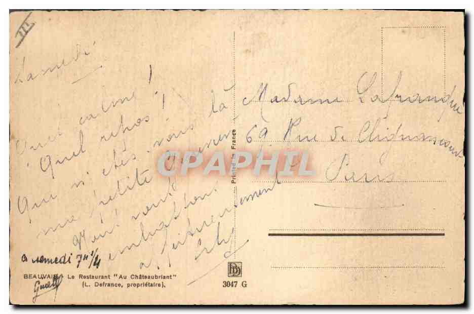 Le Restaurant 'Au Châteaubriant' — Paris — éditeur Beauvain, n° 3047 G — Verso