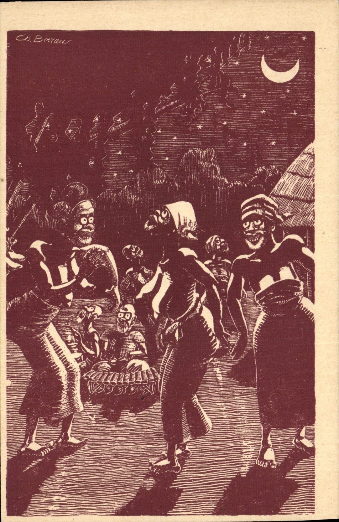 CPA Fantaisie Illustrateur Boirau En Afrique Tam Tam de nuit