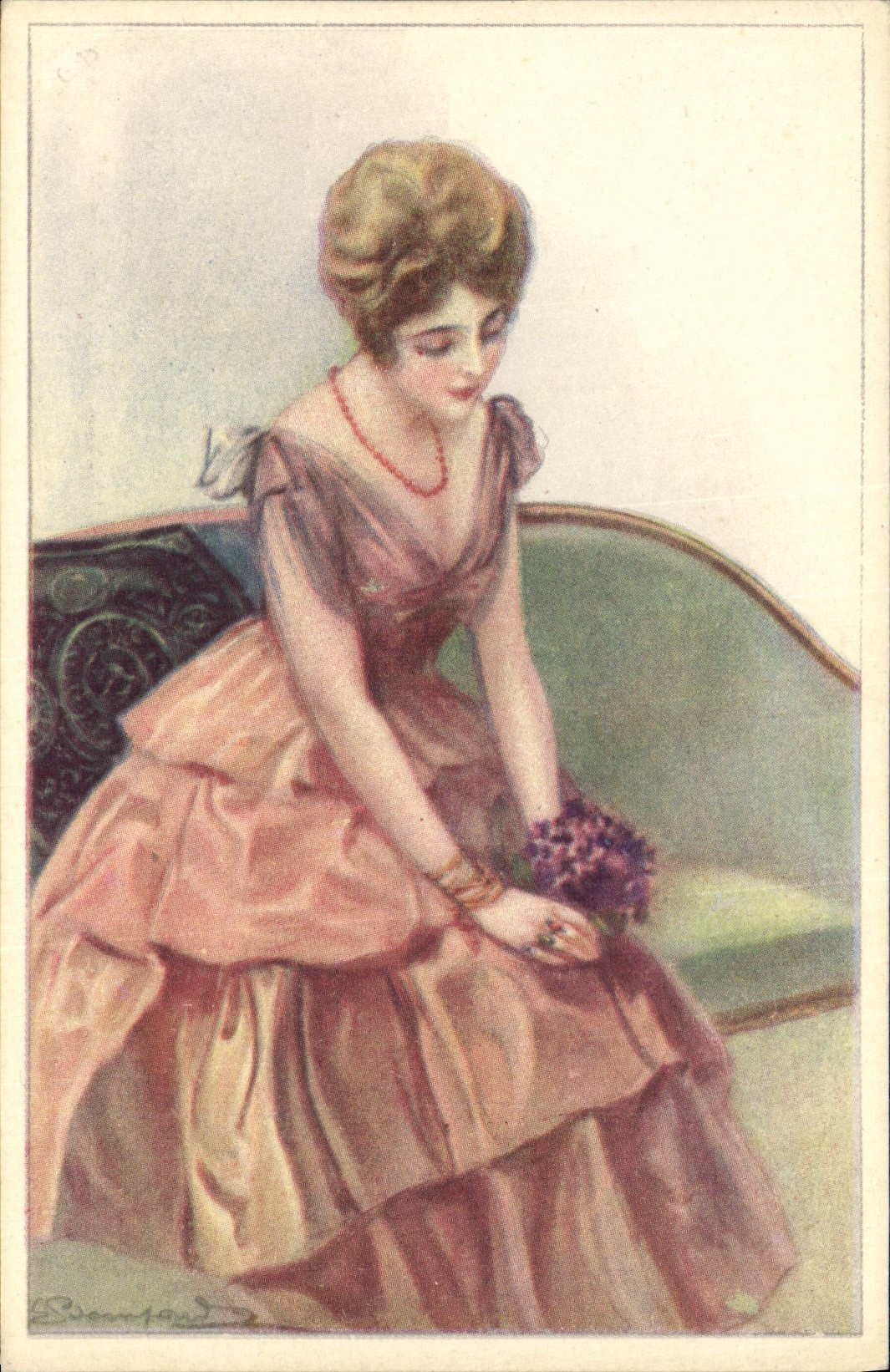 Jeune femme en robe rose — tenant un bouquet — dessin de L. Brampford
