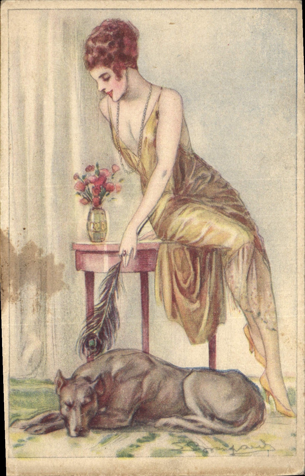 Femme en robe jaune et chien dormant — illustration — éditeur GA, n° 543-1