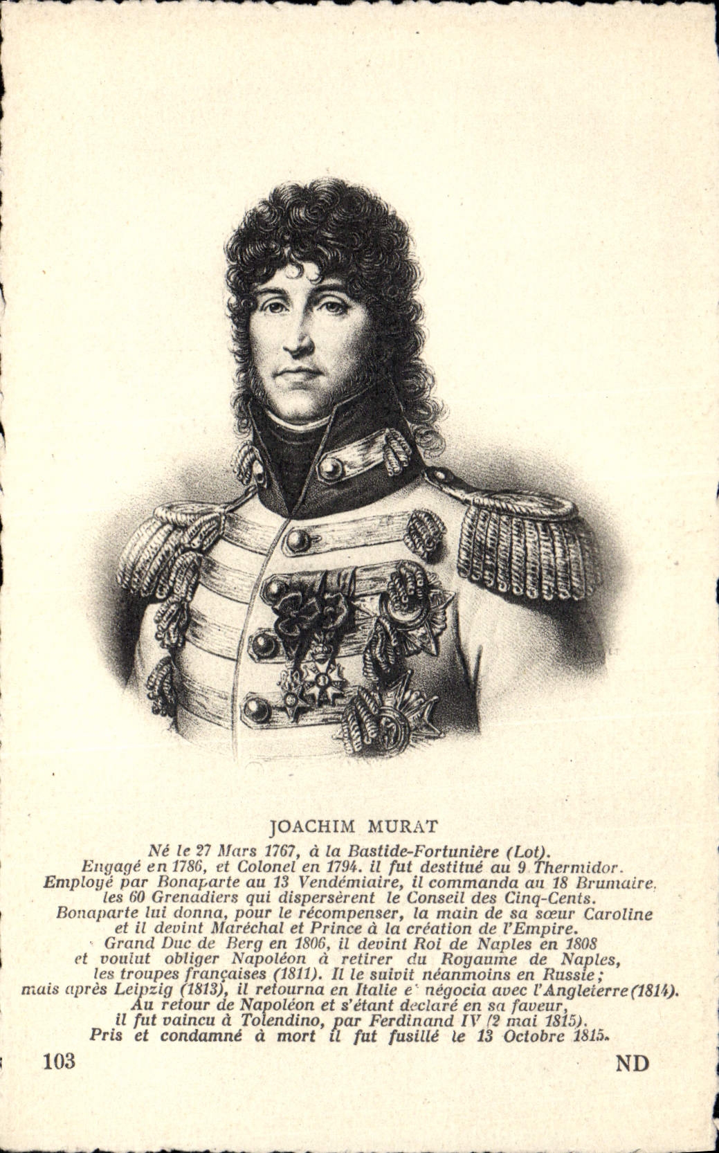 Joachim Murat — Général napoléonien et roi de Naples — Cie des Arts Photomécaniques Strasbourg-Schiltigheim, n° 103