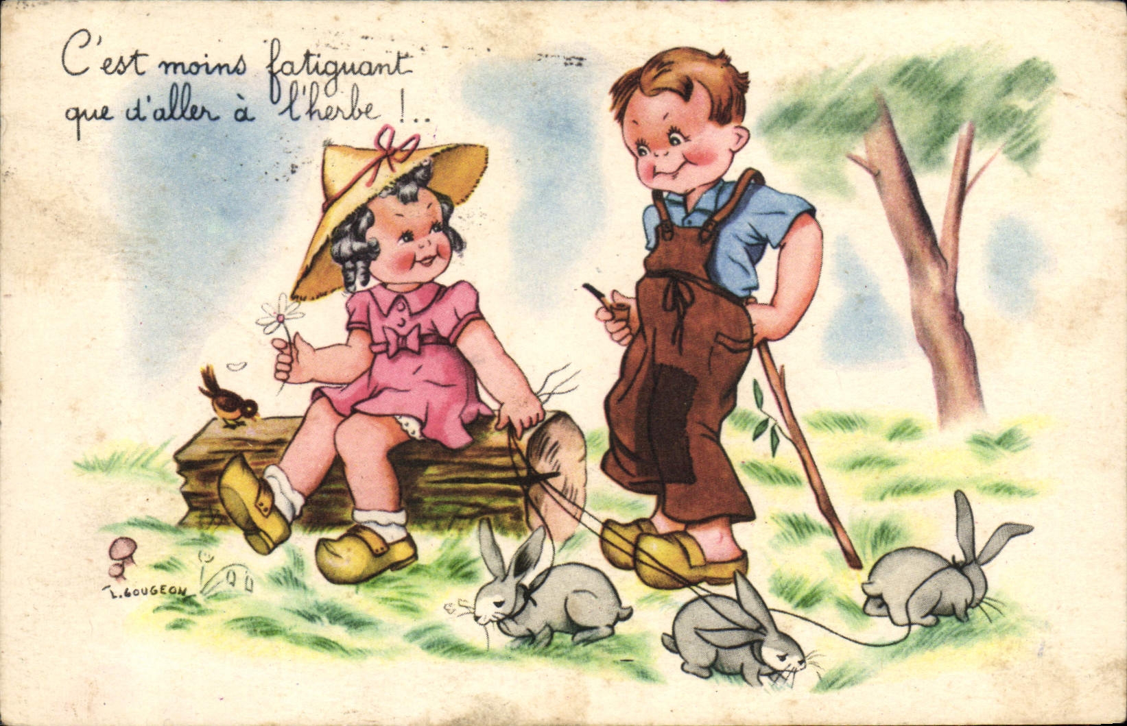 Enfants et lapins — dessin de J. Gougeon — éditeur non visible