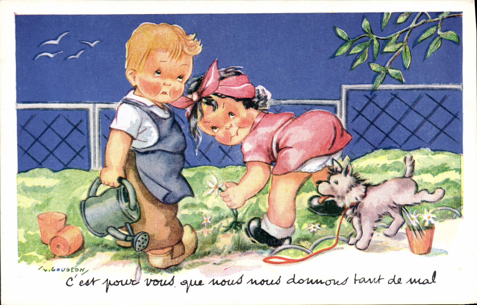 CPA Fantaisie Illustrateur Gougeon Enfants Chien