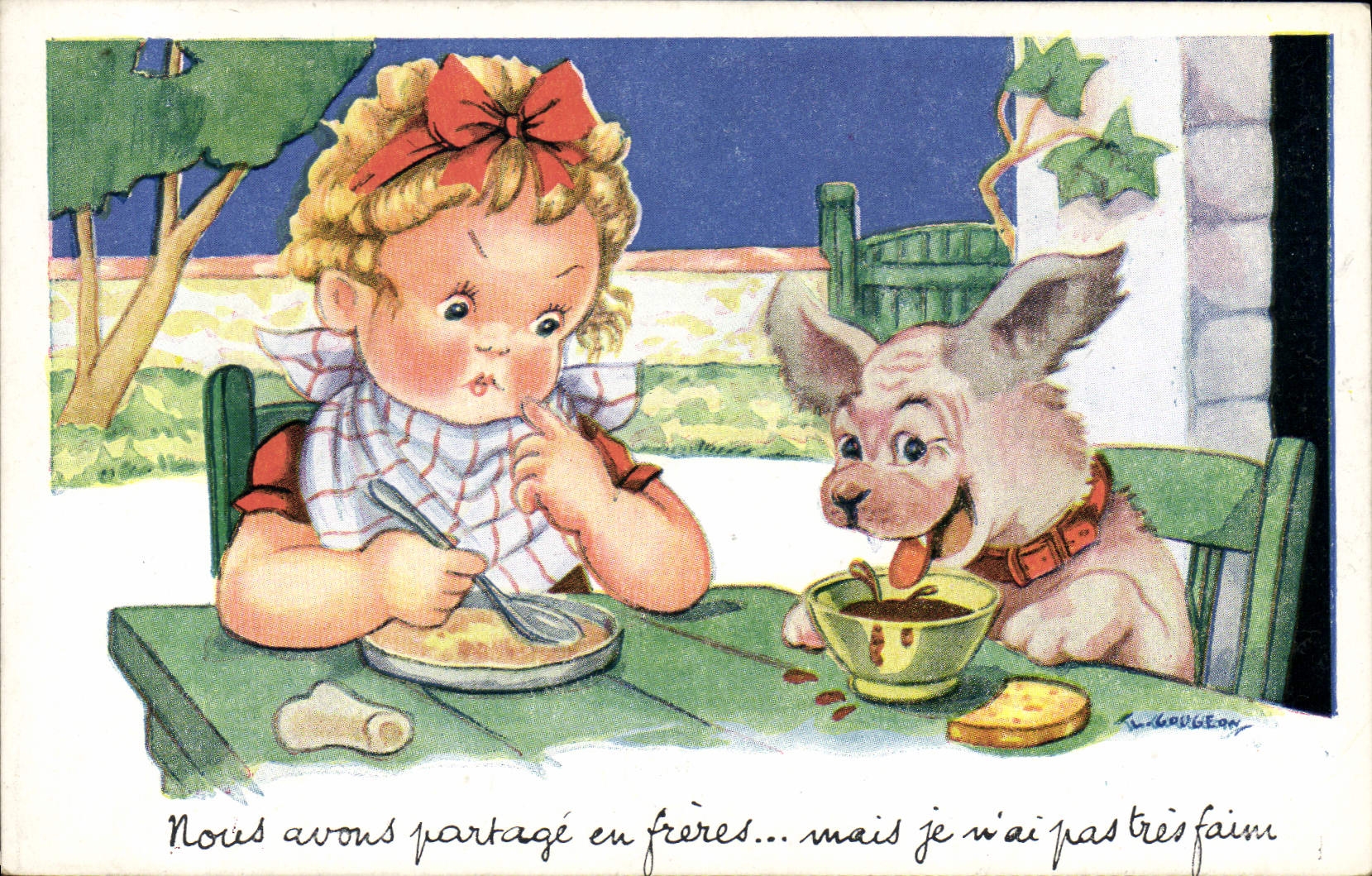CPA Fantaisie Illustrateur Gougeon Enfant Chien