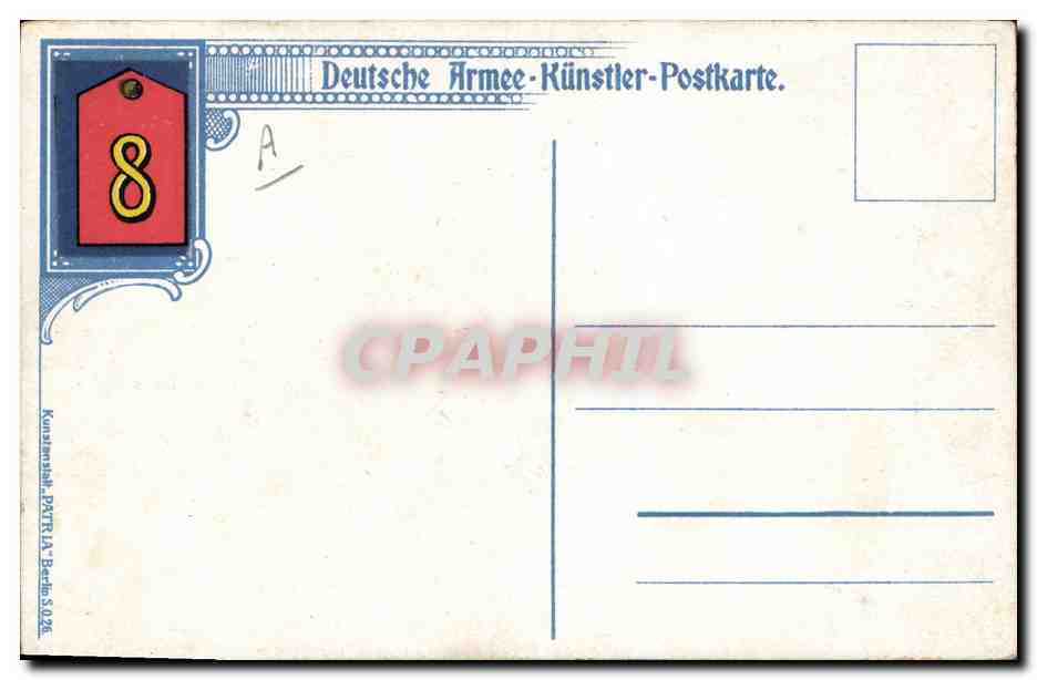 Soldat de la Deutsche Armee — uniforme bleu et képi à pointe — éditeur Anton Hoffmann-Nöchler, n°8 — Reverso