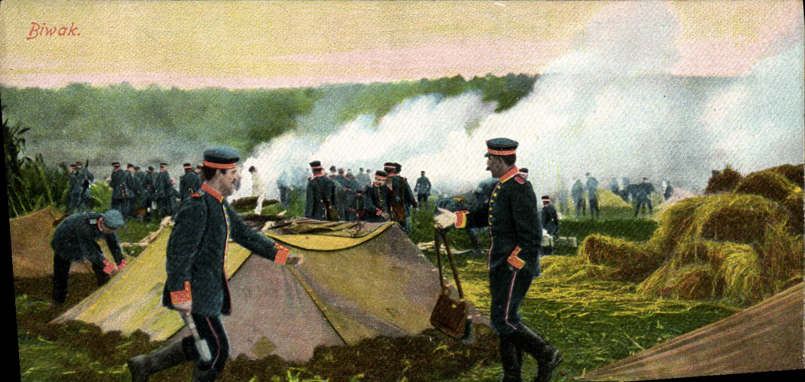 Campement militaire — soldats en train de dresser des tentes — éditeur Bivak, n° de série III