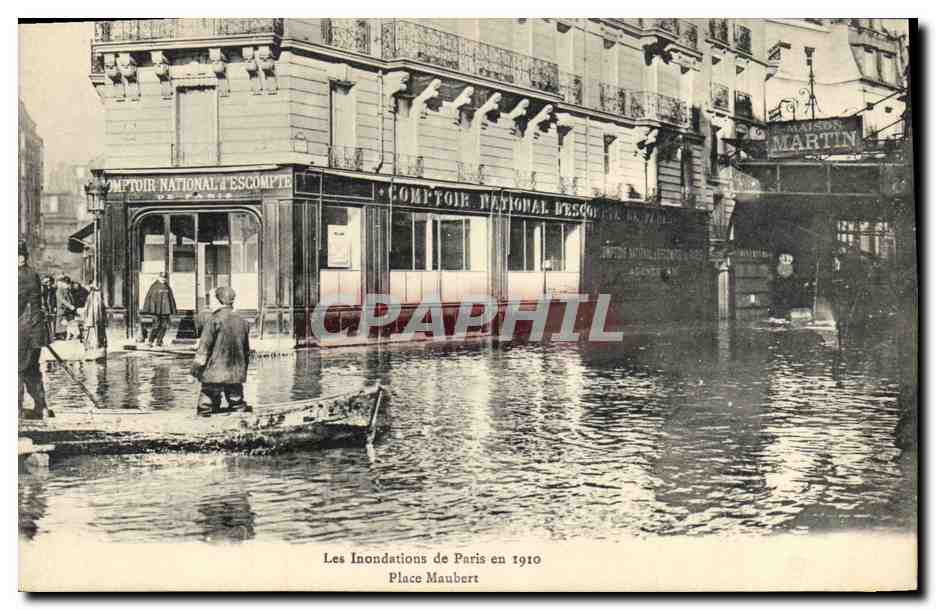 Les Inondations de Paris en 1910 — Place Maubert — Comptoir National d'Escompte et Maison Martin