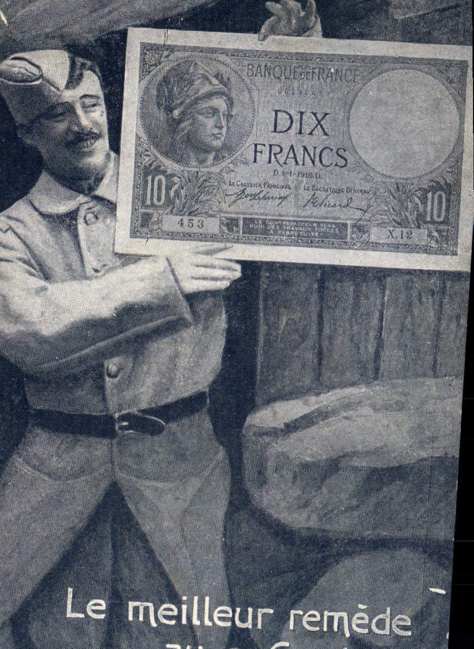 Soldat présentant un billet de dix francs — Banque de France, série X.12 — éditeur SID Paris
