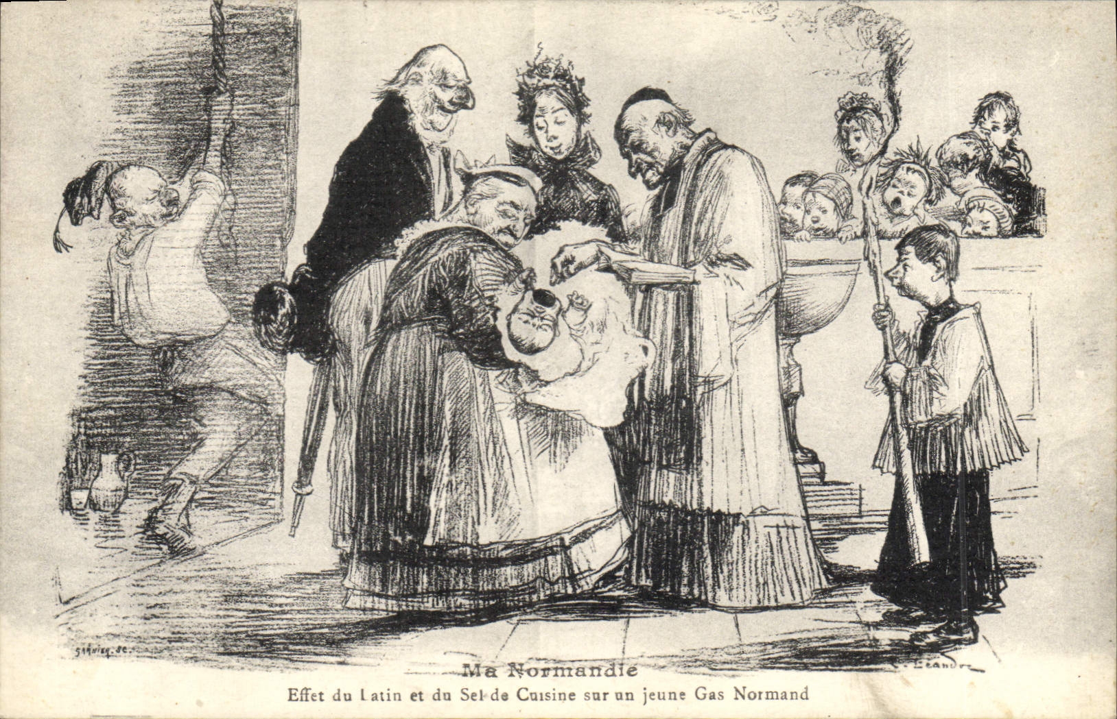 CPA Folklore Normandie Effet du latin et du sel de cuisine sur un jeune Gas Normand