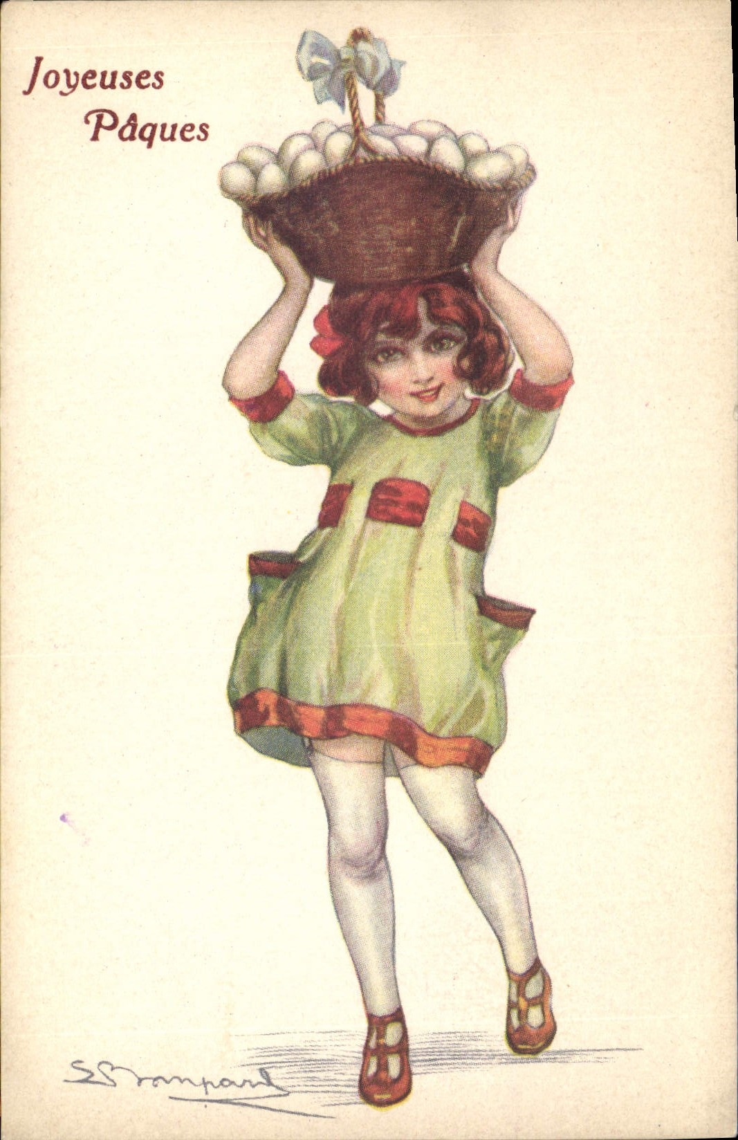 Fille portant un panier d'œufs — Joyeuses Pâques — S. Rampand