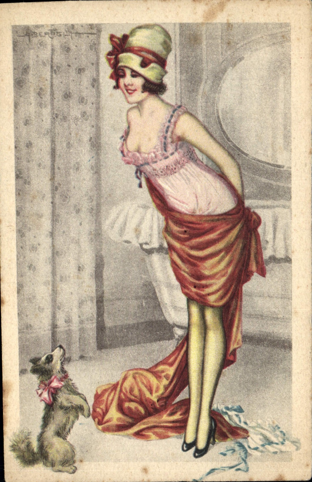 CPA Fantaisie Illustrateur Femme Chien