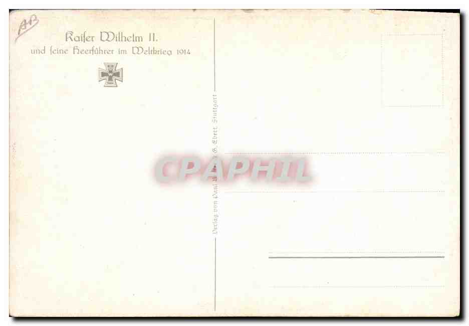 Kaiser Wilhelm II et ses généraux en 1914 — édition de Dering von Paul & Ebert, Stuttgart — Verso