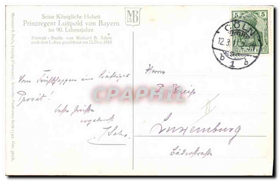 Portrait de Luitpold von Bayern — 90e anniversaire — éditeur Melasor & Buch, Leipzig — Verso