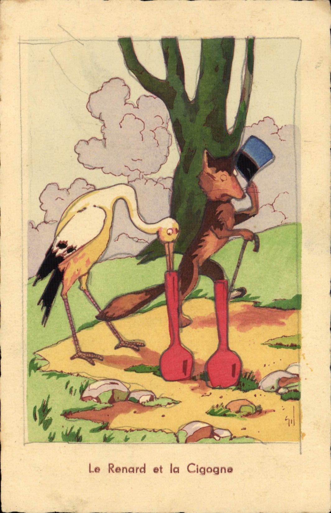 CPA Fantaisie Illustrateur Le renard et la cigogne 