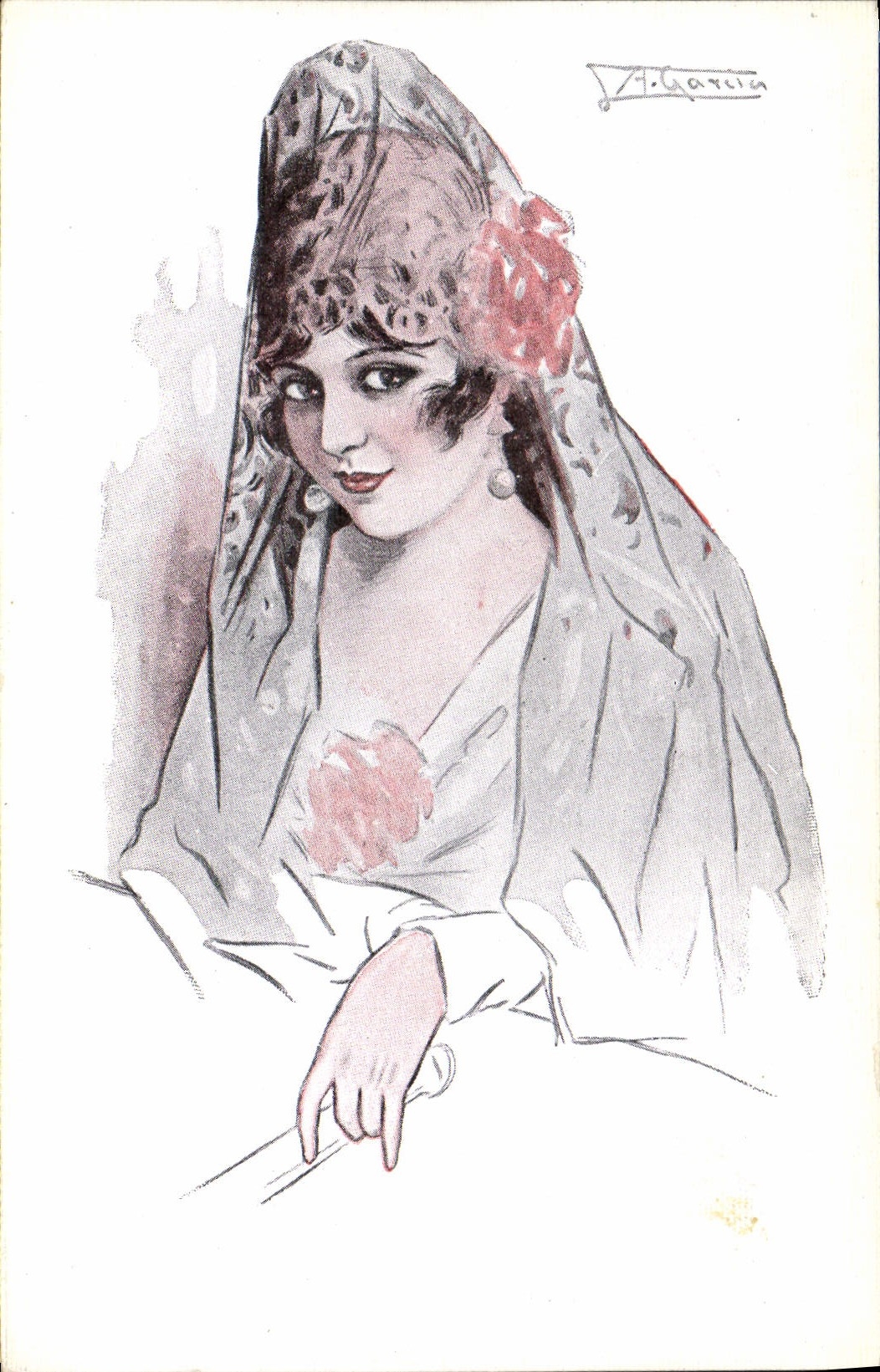 Femme en mantille — illustration de V. García — Éditions Victoria Gutiérrez, N. Coll Salieti, Barcelone, n° 507