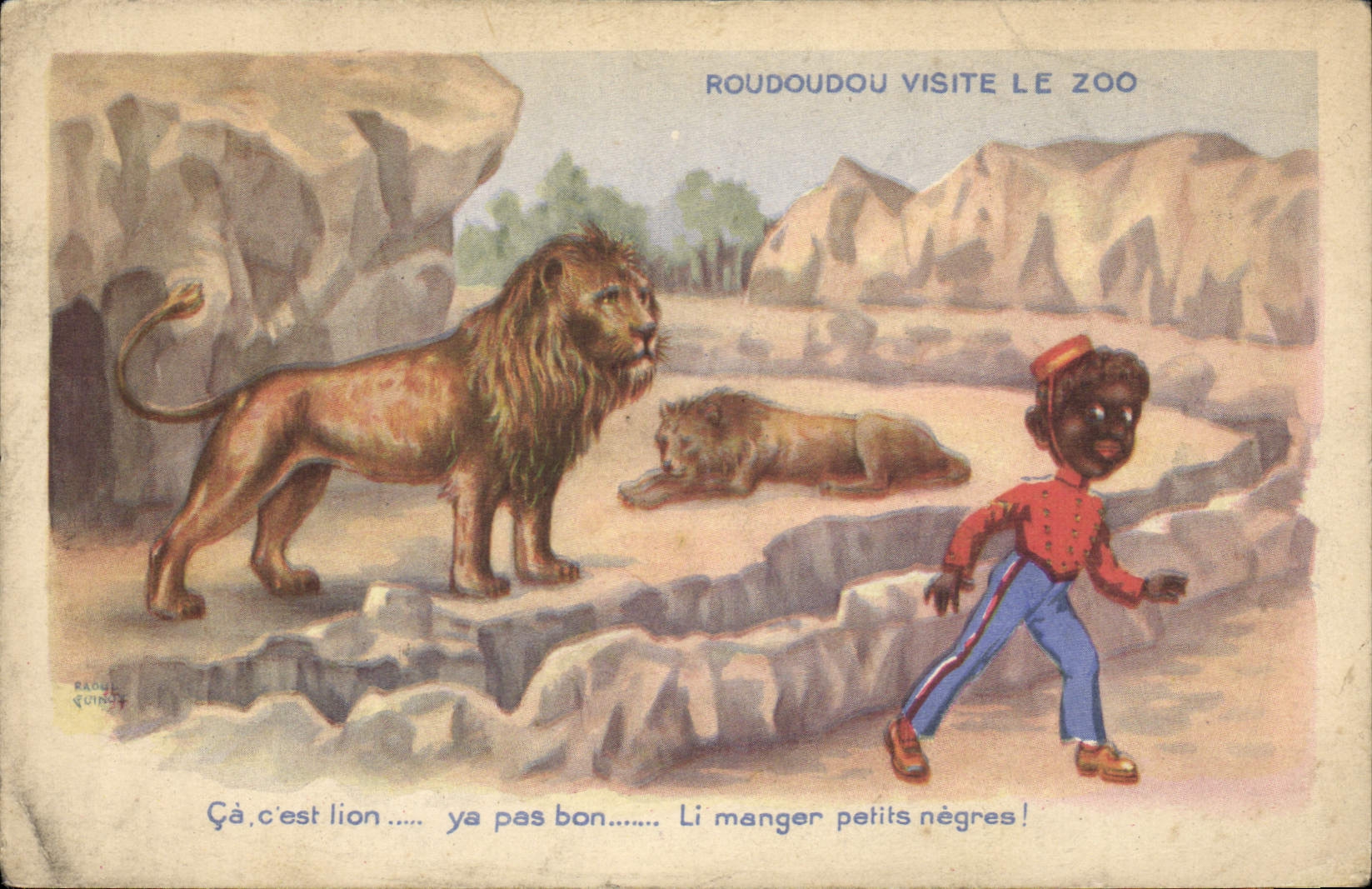 CPA Fantaisie Illustrateur Roudoudou visite le zoo Lion