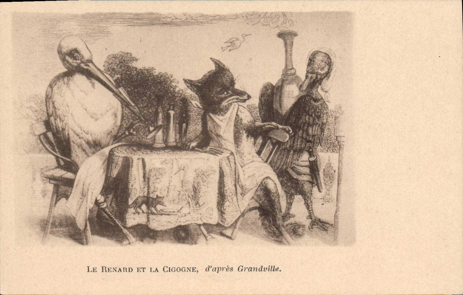 CPA Fantaisie Illustrateur Le renard et la cigogne Grandville 