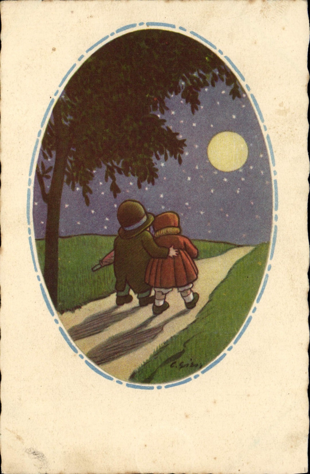 Deux enfants marchant sous la lune — illustration de C. Girdes — éditeur non visible