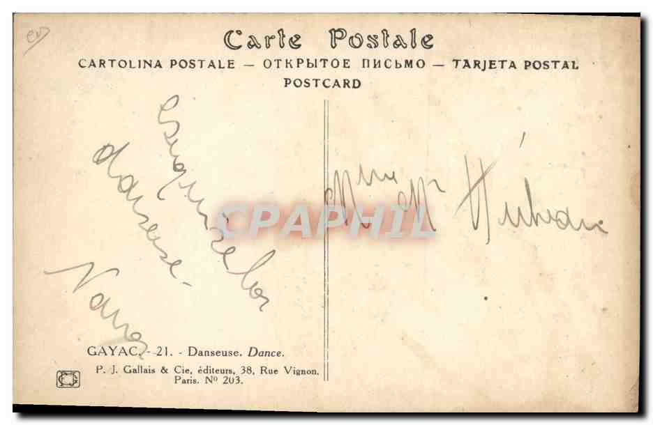 Danseuse nue — danse — éditeur P. J. Gallais & Cie, Paris N° 203 — Reverso