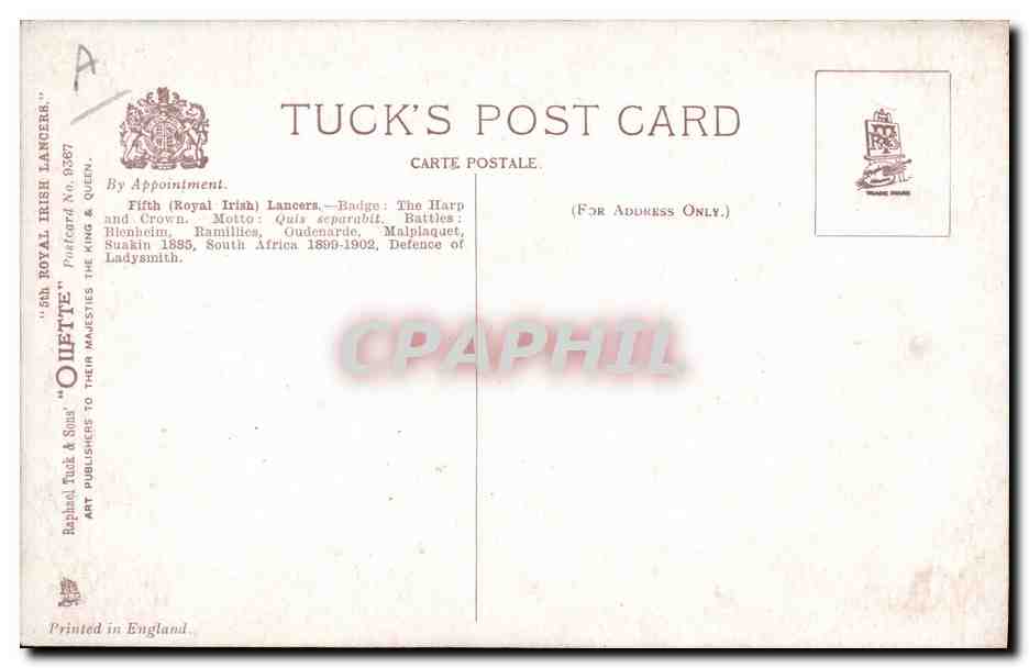 5th Royal Irish Lancers — cavalier avec trompette — éditeur Oilette, n° 63287 — Reverso