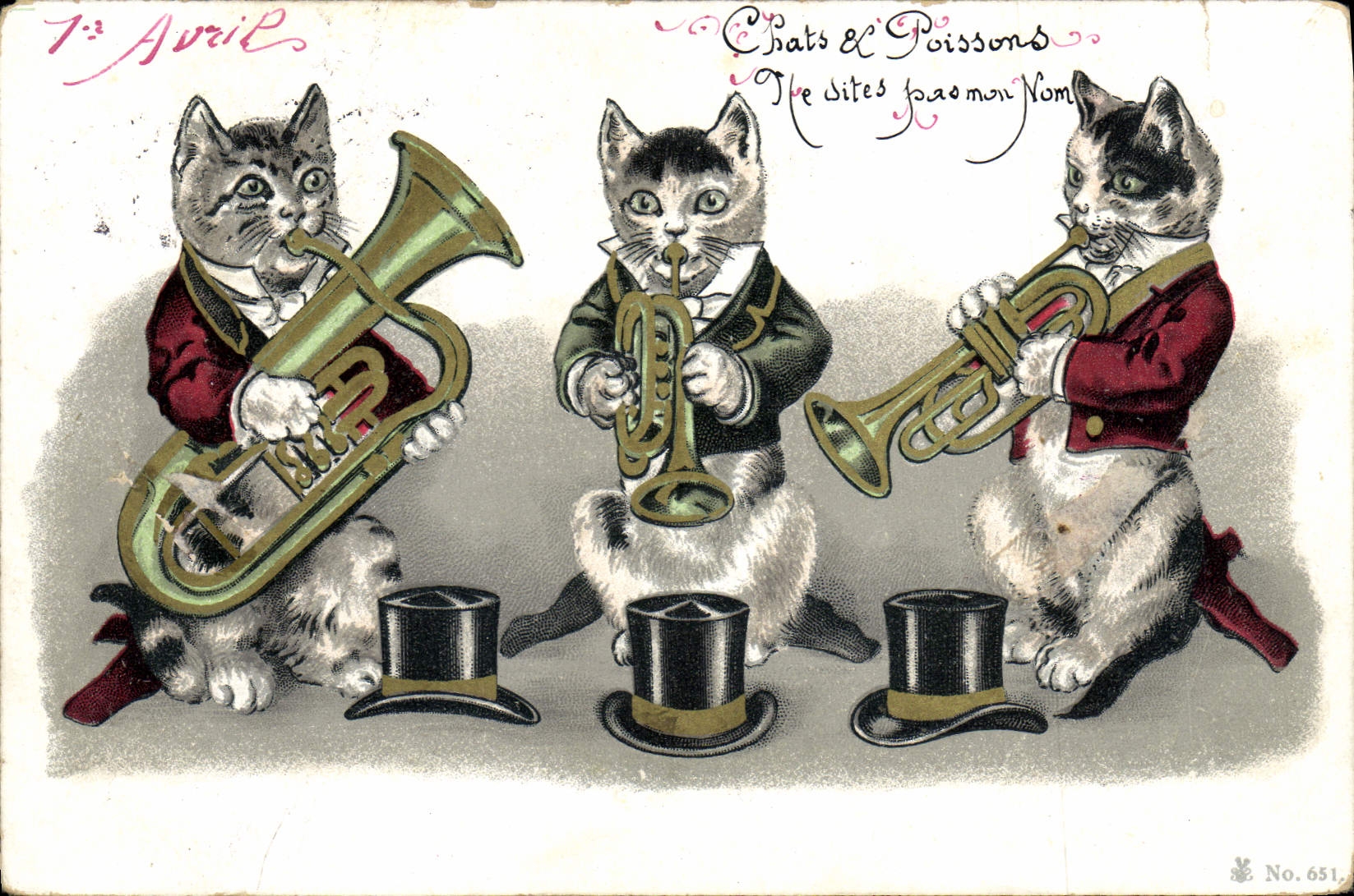 CPA Chat Chats Chaton 1er Avril Trompette Tuba