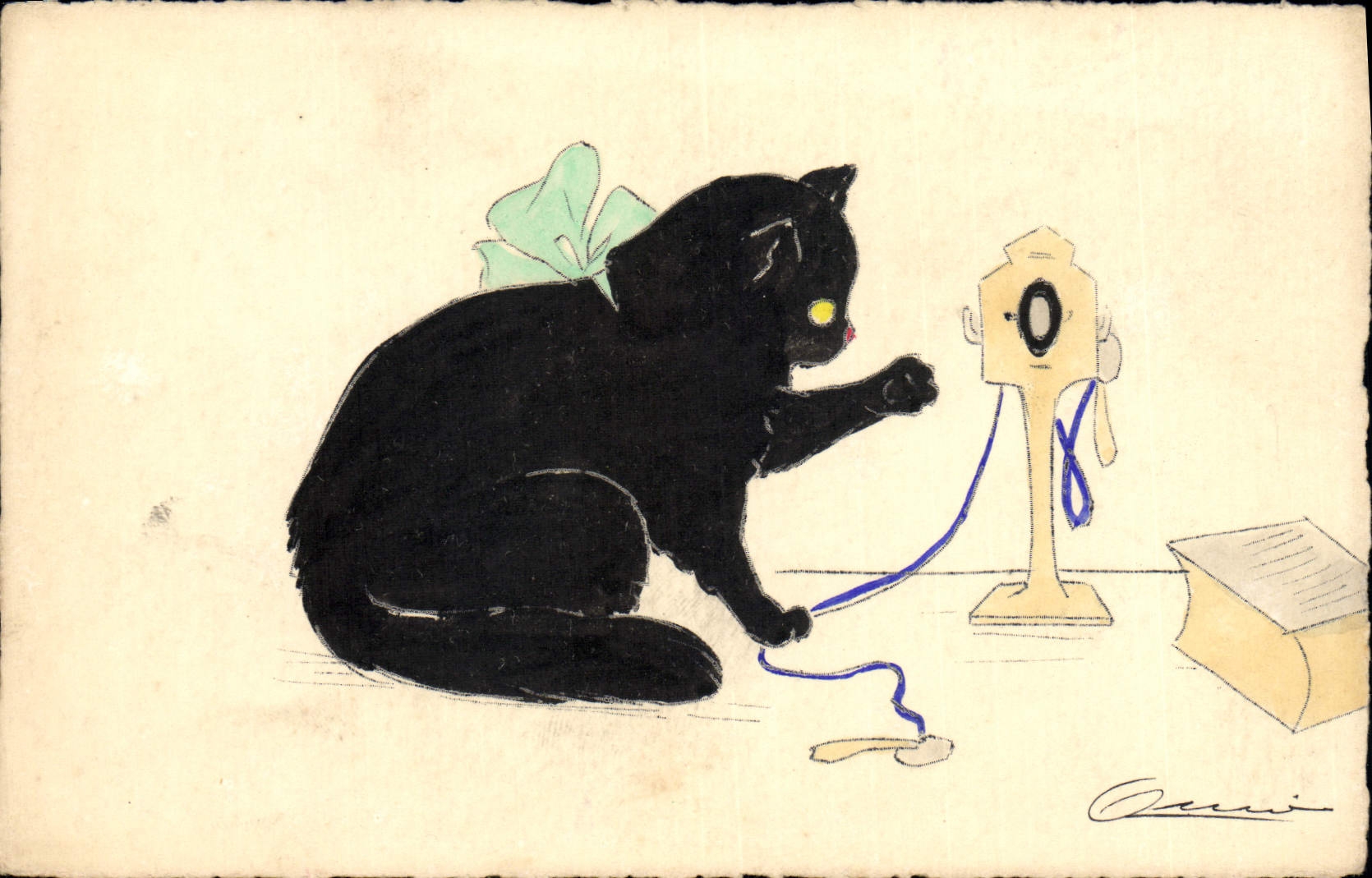 CPA Chat Chats Chaton Telephone (dessin a la main)