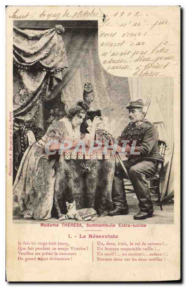 CPA Cartomancie Voyance Folklore Madame Theresa somnambule extra lucide Le reserviste