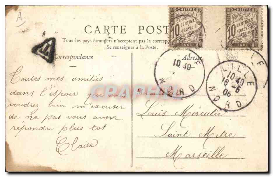 CPA Banque de France Lille timbres Taxe — Verso