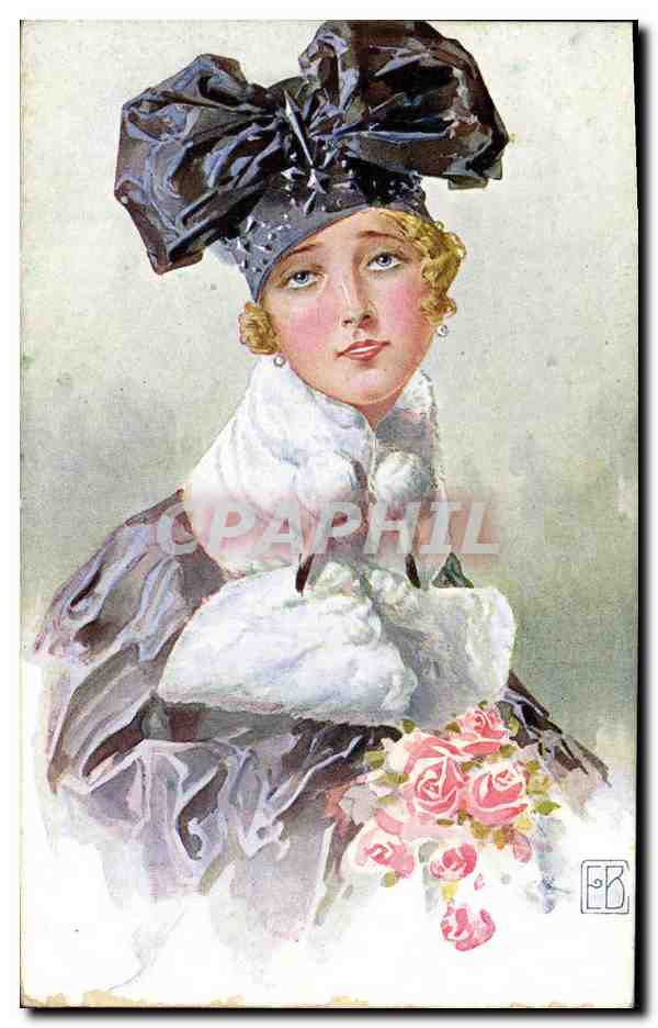 Jeune femme en chapeau à grand nœud noir — bouquet de roses — éditeur Milan, n° 61-5