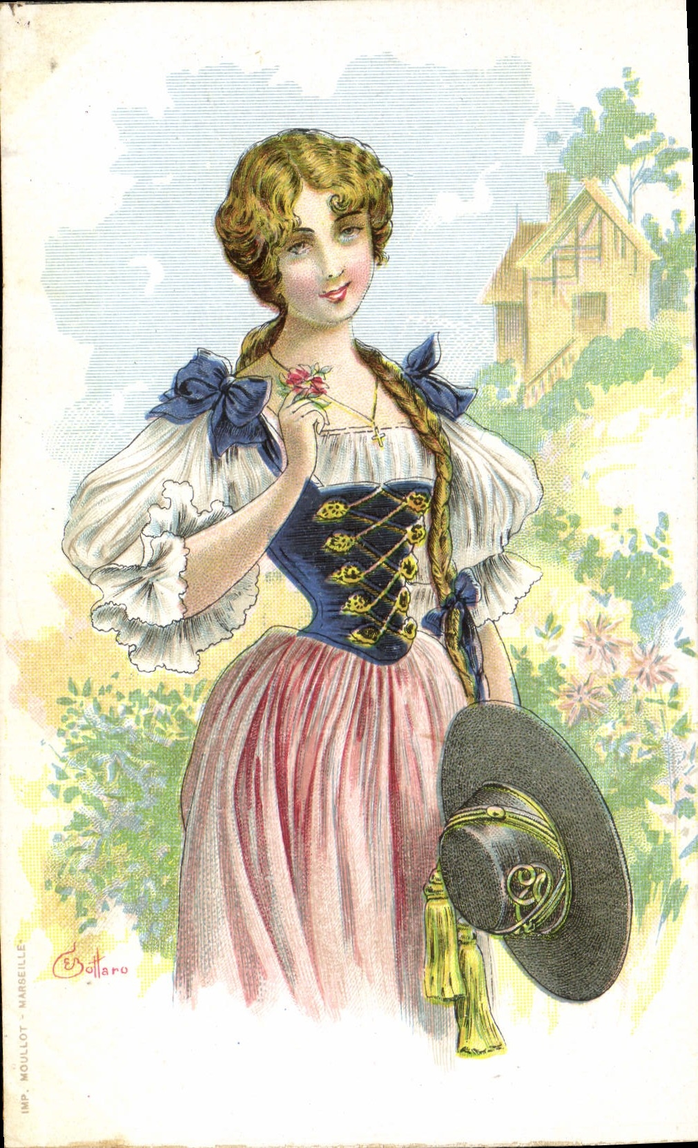 Jeune femme en costume folklorique — scène de jardin — Imp. Mollot - Marseille, éditeur Bottaro