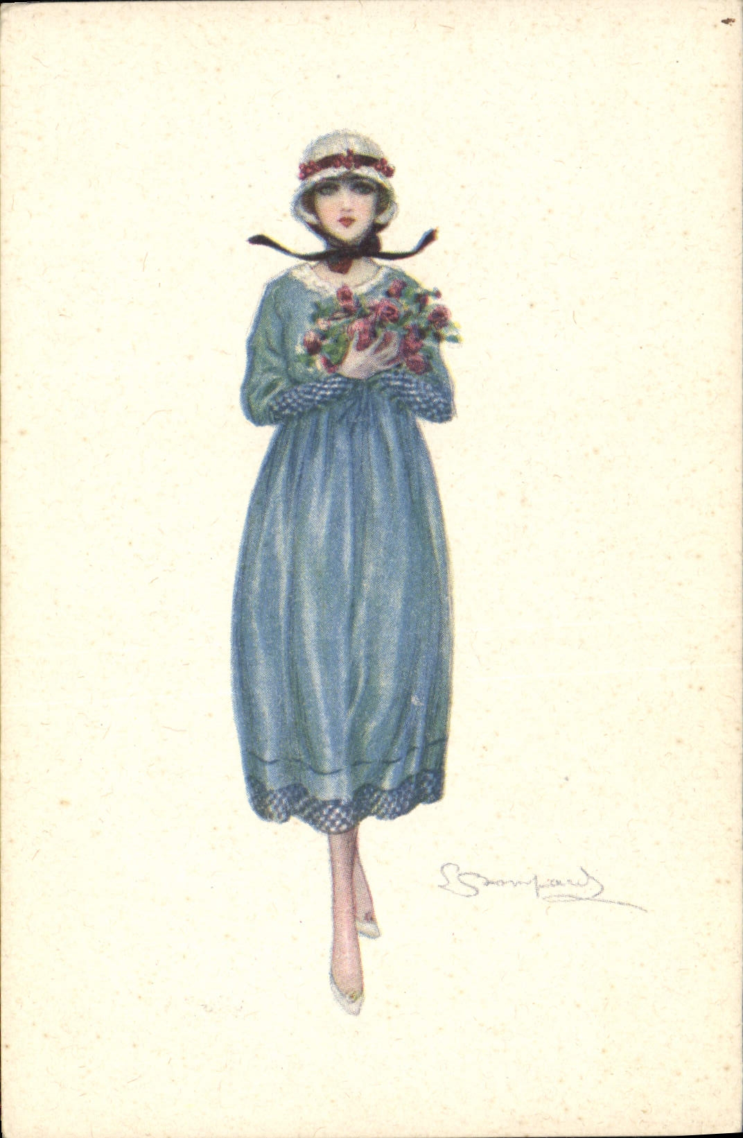 Femme en robe bleue et chapeau — illustration artistique — F.M. Milan 1912